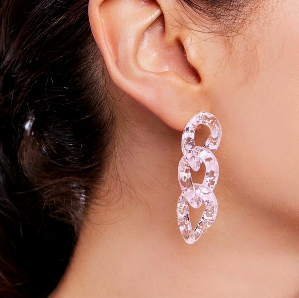 Acrylic Curb Chain Link Drop Dangle Earrings Speckled Pink Clear